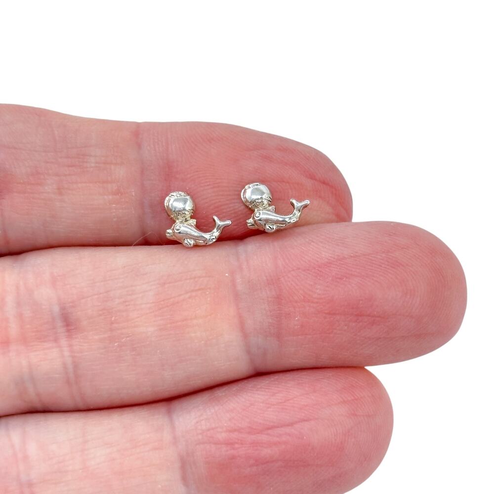 Vintage Sterling Silver 925 Dolphin With Ball Stud Earrings